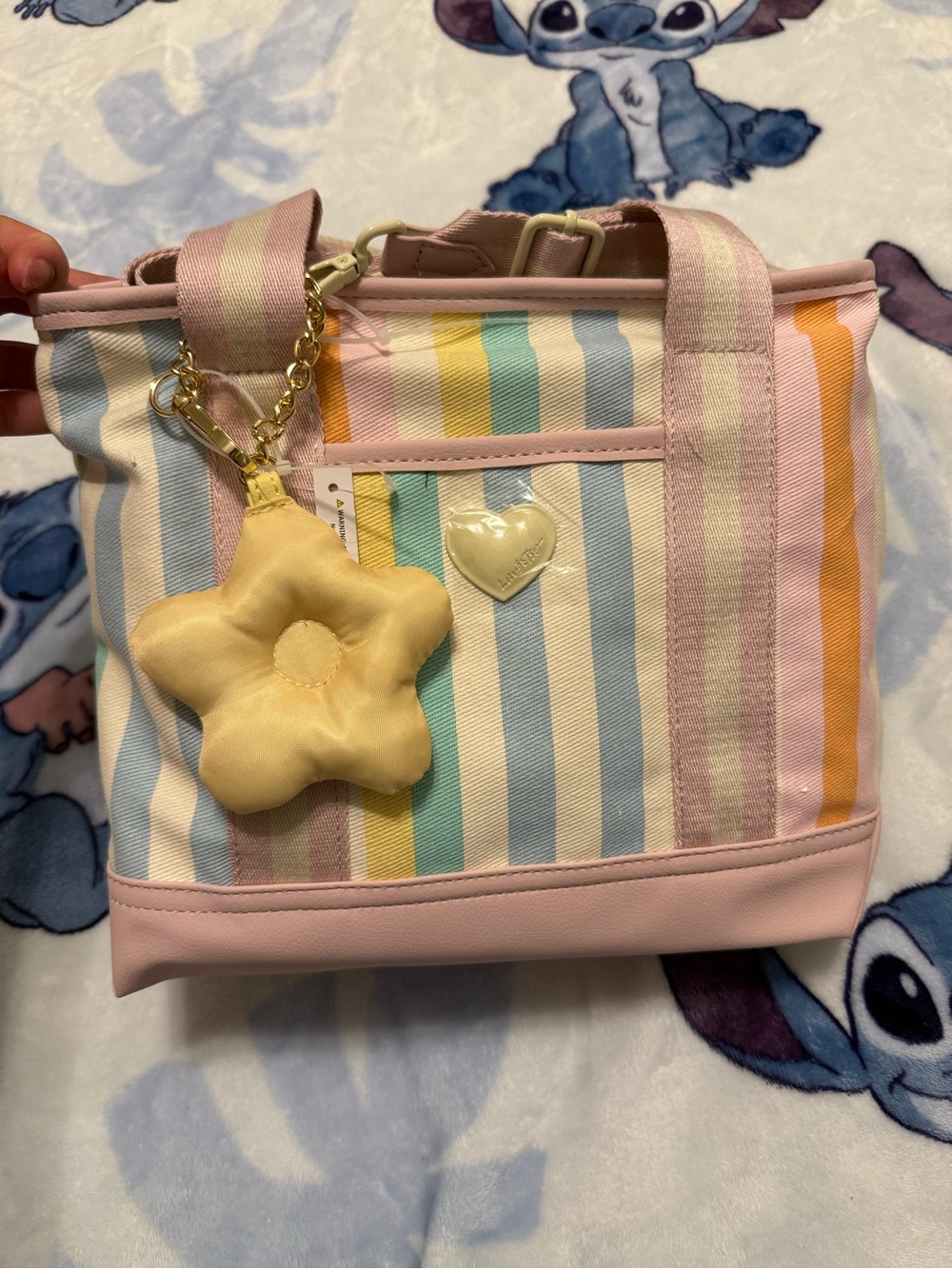Betsey Johnson Pastel Striped Canvas Tote with Flower Charm - Pink - Picture 5 of 5